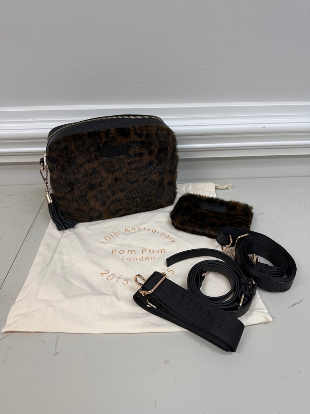 Pom Pom London City Plus Bag Leopard Print Faux Fur Black Bundle!
